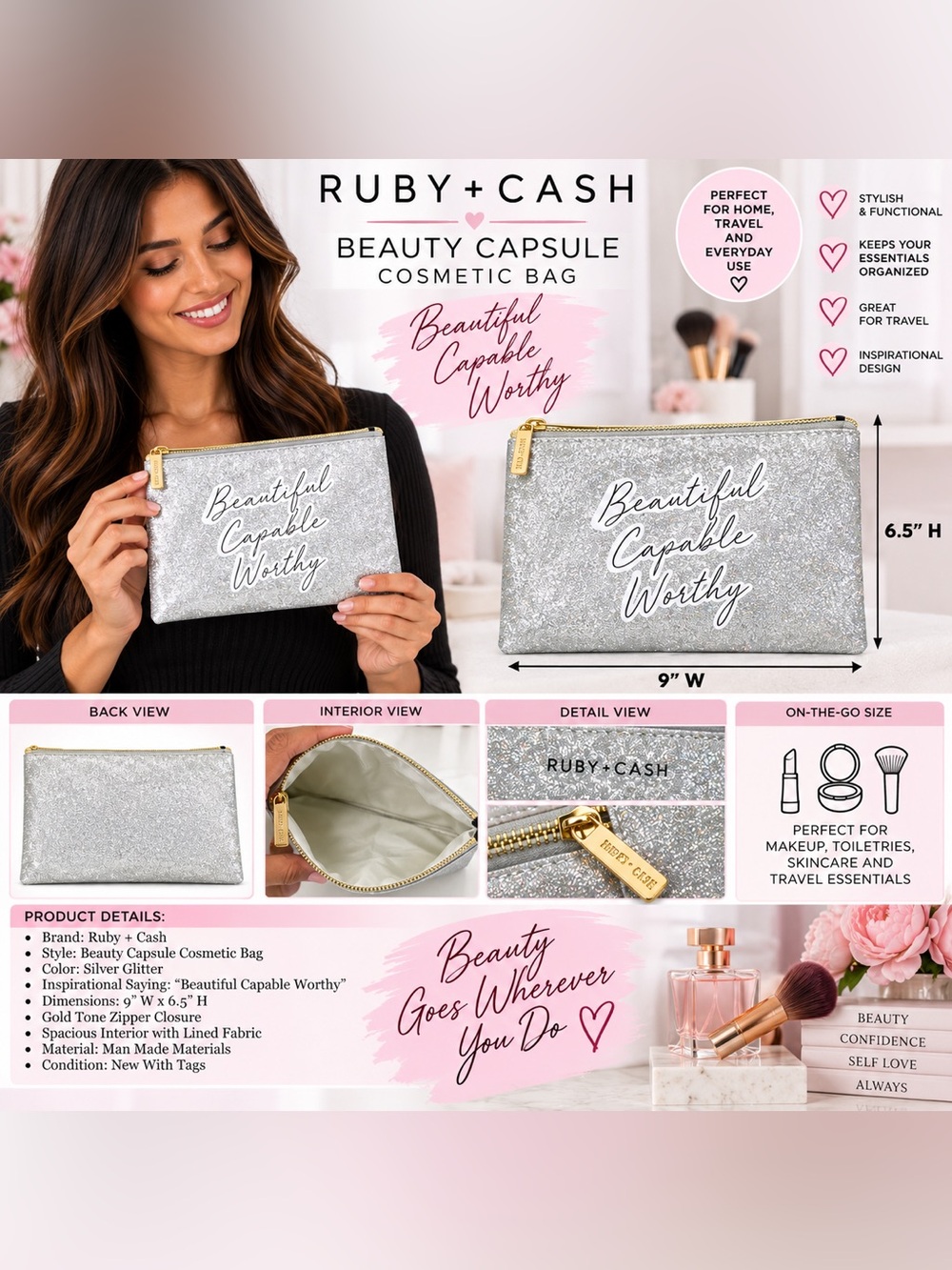 RUBY + CASH BEAUTY CAPSULE COSMETIC BAG – SILVER GLITTER (NEW WITH TAGS) A30